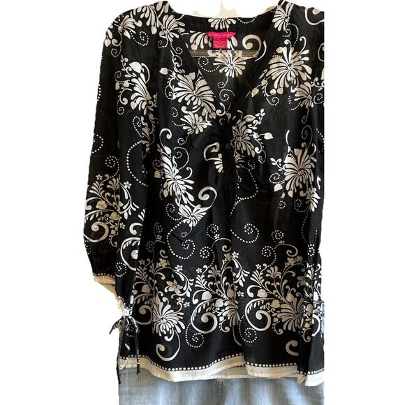 Sunny Leigh Womens L Coverup Tunic Silk Blend 3/4 Sleeve Floral Beach Boho VTG - Picture 10 of 11